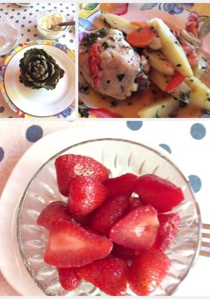 Una foto de Menú para un sábado cualquieraAlcachofas de entradaEstofado de pollo plato de fondoFrutillas