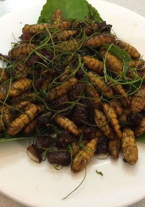 Hình của món Nhộng tằm rang lá chanh.