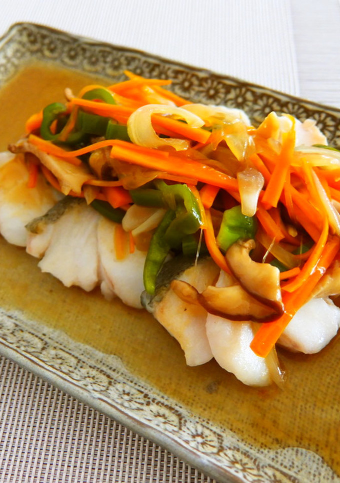 A picture of Cod with Sweet and Sour Vegetable Sauce.