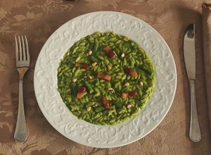 Foto di Risoni risottati con Guanciale e Pesto di bietole e Fagiolini