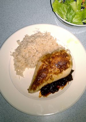 A picture of Sauteed Chicken Breasts with Curry and Sweet Chili Chutney.