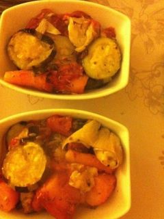 Une photo de Cassolettes de légumes (courgettes tomates carottes poireaux) au jambon cru