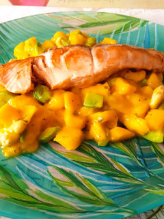 A picture of Salmon with Mango and Avocado Tartare.
