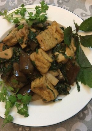 A picture of Braised Eggplant with King Oyster Mushrooms and Tofu.