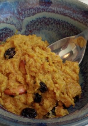 A picture of Gajar (Carrot) Halwa with Coconut.