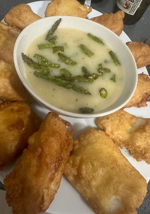A picture of Battered Cod and Hake in Cider Sauce.
