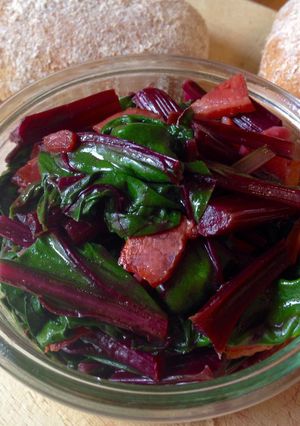 A picture of Sautéed Beet Greens with Garlic and Bacon.