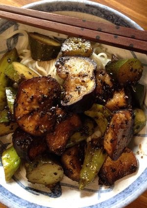A picture of Eggplant and Summer Veggie Sweet and Sour Stir-fry.