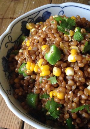 A picture of Wheat Berry Salad with Corn and Okra.