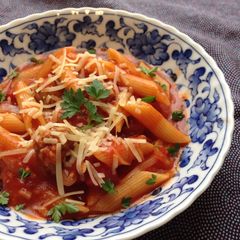 A picture of One-Pot Tomato Pasta with Fennel Sausage Meatballs.