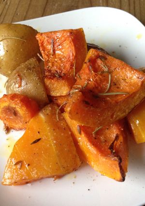 A picture of Oven Roasted Butternut Squash with Rosemary and Cumin.