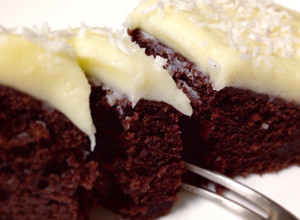 A picture of From Scratch Chocolate Cake with Cream Cheese Frosting.