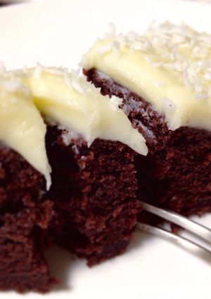 A picture of From Scratch Chocolate Cake with Cream Cheese Frosting.