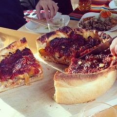 A picture of Chicago-style Deep Dish Pizza .