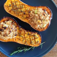 A picture of Stuffed Roasted Butternut Squash with Brown Rice.