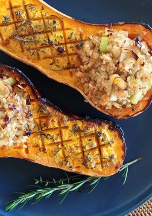 A picture of Stuffed Roasted Butternut Squash with Brown Rice.