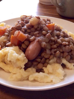 A picture of German Lentil Stew with Spätzle Noodles (Linsen mit Spätzle).