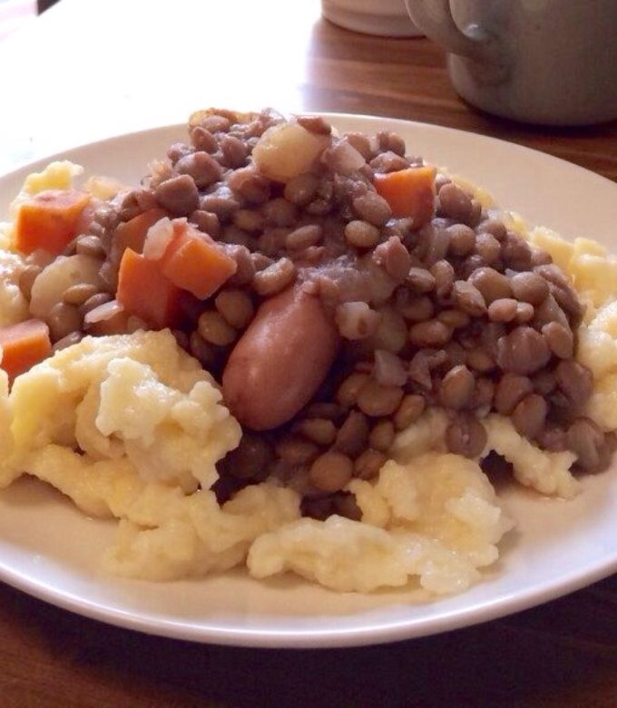 A picture of German Lentil Stew with Spätzle Noodles (Linsen mit Spätzle).