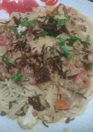 Foto resep spaghetti campur daging,bunga kol dan creamy sauce 