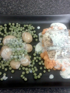 A picture of Lemon Grass Cod Loin with Sweet potato, Pearl potato & Petite pois.