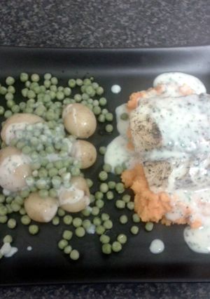 A picture of Lemon Grass Cod Loin with Sweet potato, Pearl potato & Petite pois.