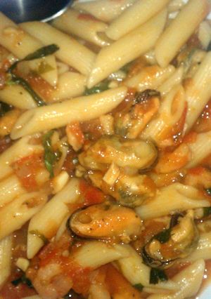 A picture of Seafood pasta in Vodka Sauce.
