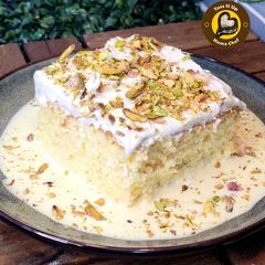 A picture of No Oil No Butter Rasmalai Flavoured Tres Leches Cake.