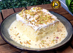A picture of No Oil No Butter Rasmalai Flavoured Tres Leches Cake.