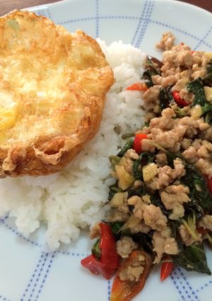 A picture of Pad Krapow with Ground Pork and Crispy Fried Egg.