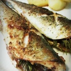 A picture of Grilled Horse Mackerel with Rosemary and Garlic.