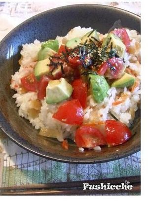 A picture of Avocado and Tomato Chirashi Sushi.