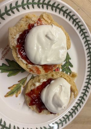 A picture of Classic Scones with Strawberry Jam and Double Cream.