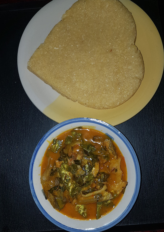A picture of Oha soup and Eba.