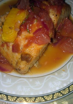 A picture of Roasted Salmon with grapefruit sauce.