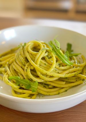 A picture of Salad leaves pesto pasta with yogurt (under 30-minute meal!).