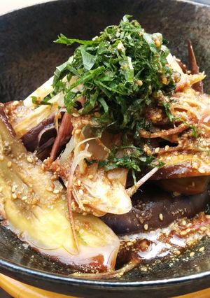 A picture of Ponzu & Ume Sauce with Eggplants.