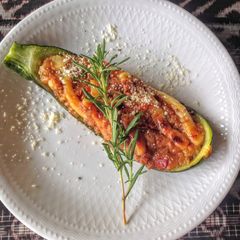A picture of Grilled Zucchini with Miso Cheese.