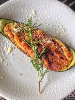 A picture of Grilled Zucchini with Miso Cheese.