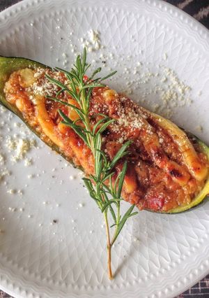 A picture of Grilled Zucchini with Miso Cheese.