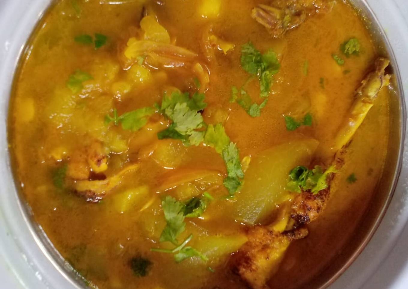 Chicken curry with potato and moong dal in Assamese style