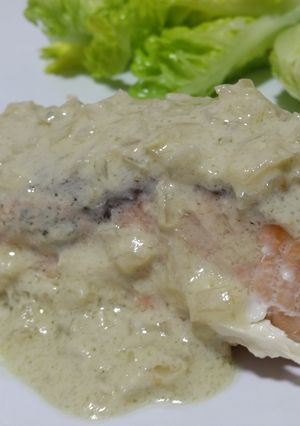 A picture of Baked salmon in blue cheese creamy paradise.