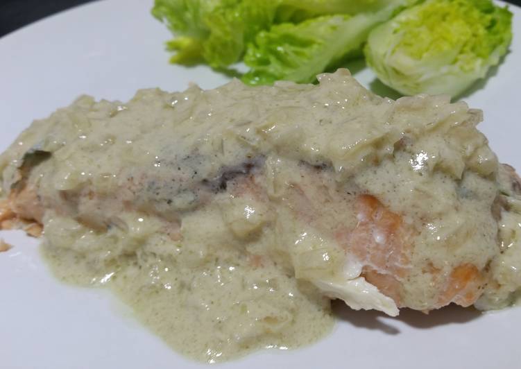 Step-by-Step Guide to Make Favorite Baked salmon in blue cheese creamy paradise