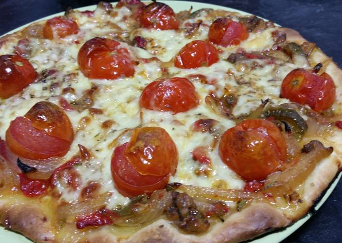 Recipe of Homemade Vegetarian pizza with roasted peppers and cherry tomatoes