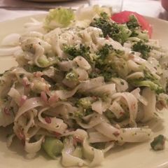 A picture of Pasta with home-made pesto and broccoli.