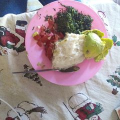 A picture of Fried kales,ugali plus kachumbari.