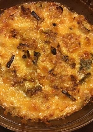 A picture of California Farm Leek, Cheese and Ham Casserole, traditional and vegan.