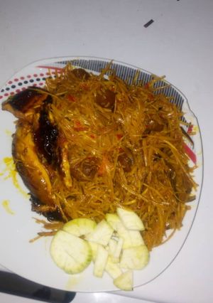 A picture of Delicious Abacha with pomo, smoke fish and garden egg.