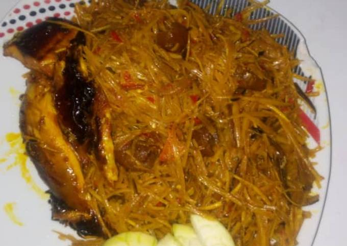 Delicious Abacha with pomo, smoke fish and garden egg