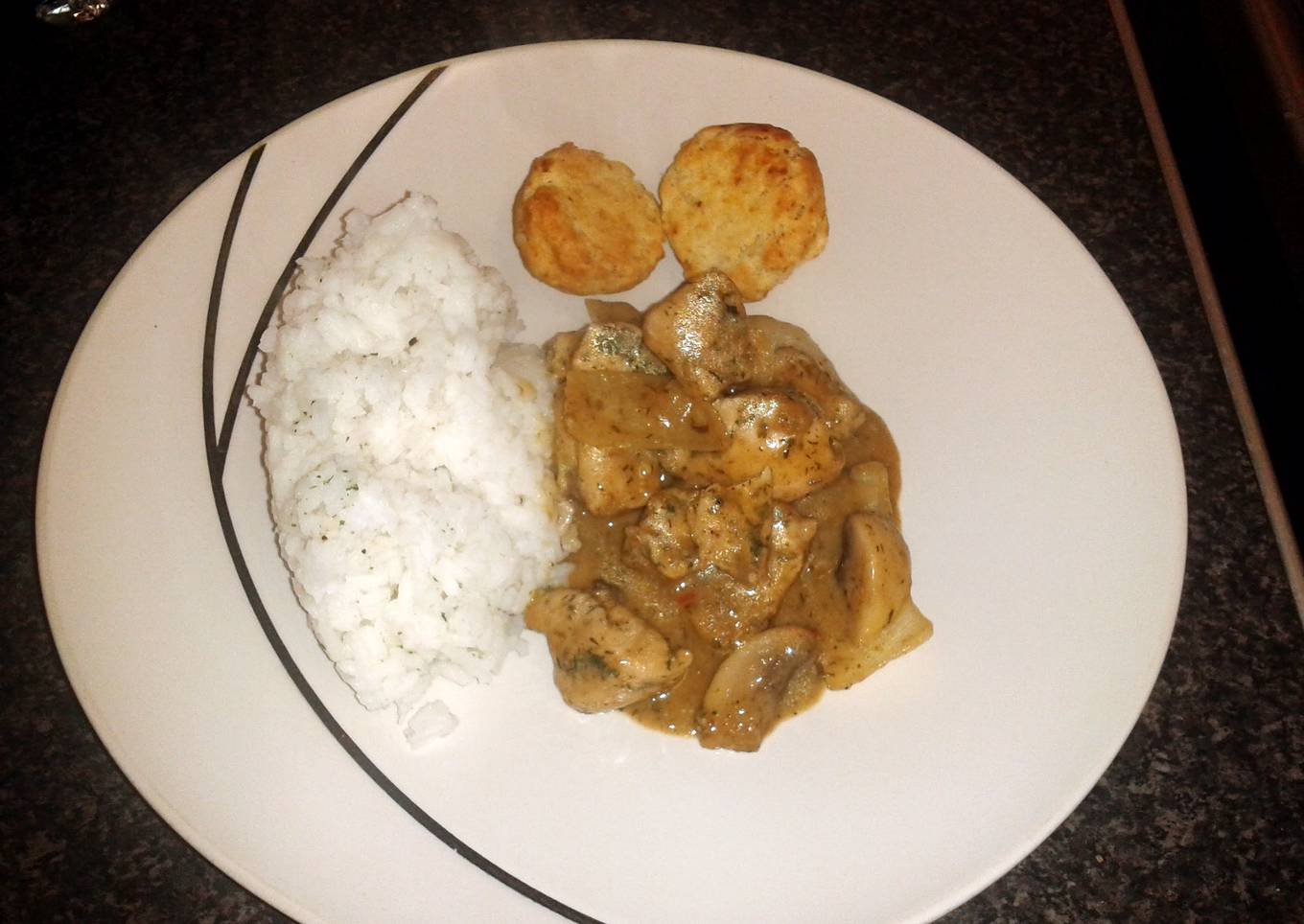 coconut chicken & mushroom with sweet dumplings & rice