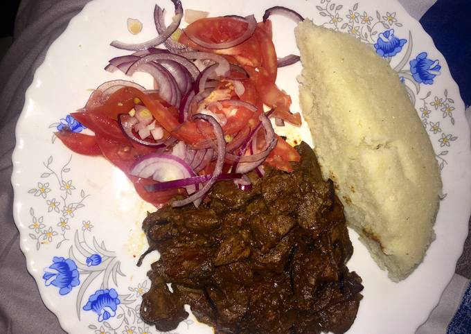 Ugali, liver and Kachumbari